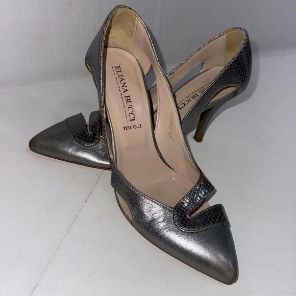 VTG ELIANA BUCCI VERA PELLE Silver Metallic Leather Point Toe Classic Pumps 36 - Picture 1 of 15